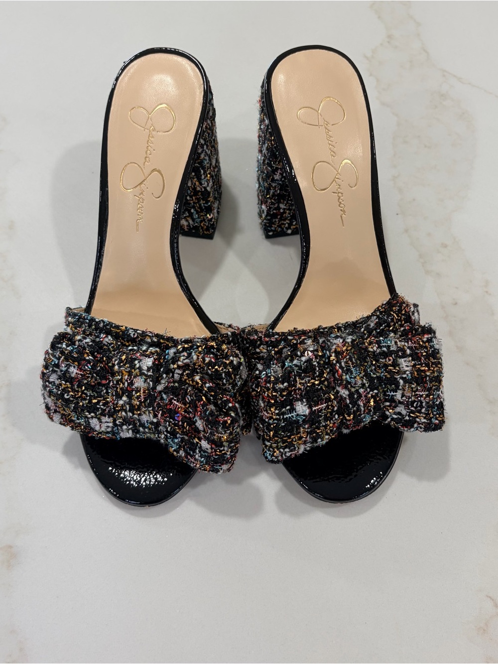 Jessica Simpson Black Tweed Bow Block Heel Mules with Multicolor Accents